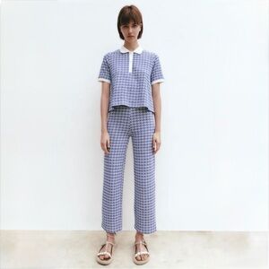 ZARA Blue White Knit Wide Leg Pants Size S High Rise Retro Print